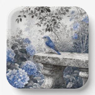 Assiettes En Carton Oiseau Bleu au Lavis d'Encre sur un Banc de Jardin