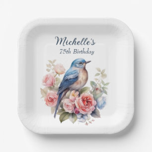 Assiettes En Carton Oiseau Bleu Fleurs Roses 75e Anniversaire