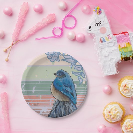 Assiettes En Carton Oiseau bleu sur une clôture (Fête)