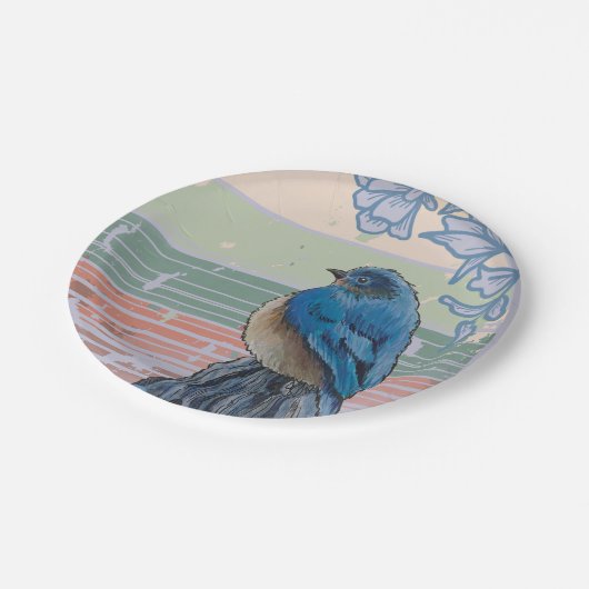 Assiettes En Carton Oiseau bleu sur une clôture (Angle)