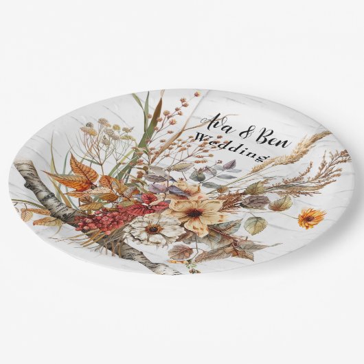 Assiettes En Carton Oiseau d'automne et Mariage Fleur sauvage (Angle)