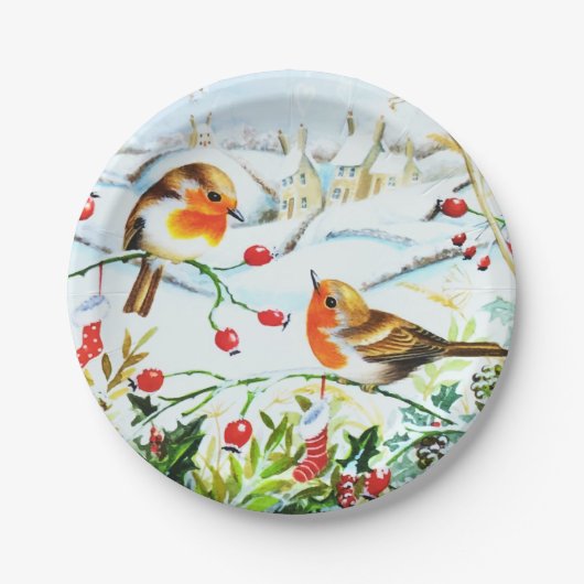Assiettes En Carton Oiseau Robin Couple Winter Holly Noël (Devant)