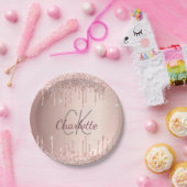 Assiettes En Carton Oiseau rose or gouttes monogramme luxe (Fête)