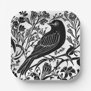 Assiettes En Carton Oiseau sur une branche avec Fleurs en noir et blan