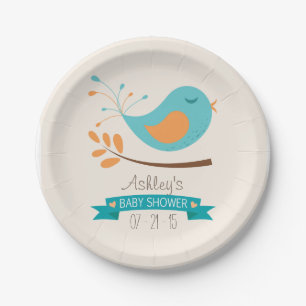 Assiettes En Carton Oiseau turquoise et orange sur Baby shower de bran
