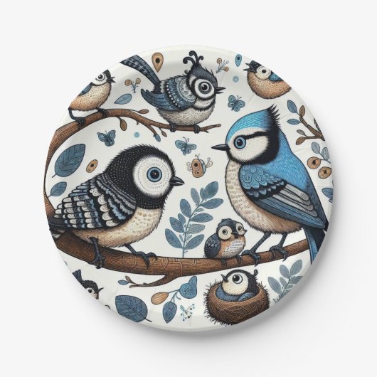 Assiettes En Carton Oiseaux bleus excentriques (Devant)