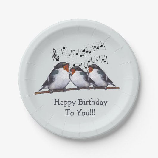 Assiettes En Carton Oiseaux chantant le joyeux anniversaire, art (Devant)