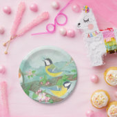 Assiettes En Carton Oiseaux chantant sur une branche d'arbre en fleurs (Fête)