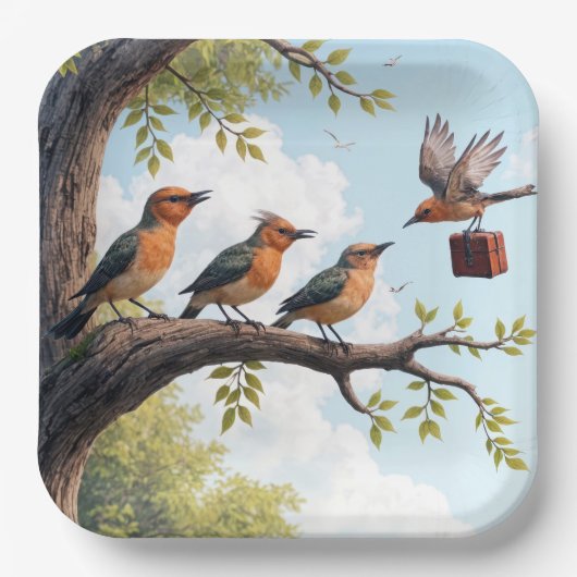 Assiettes En Carton Oiseaux d'affaires sur une branche d'arbre (Recto)