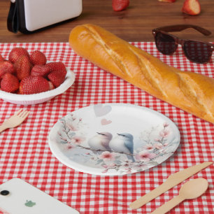 Assiettes En Carton Oiseaux de l'amour romantique Branche de fleurs de