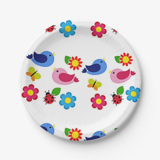 Assiettes En Carton Oiseaux et fleurs printemps (Devant)