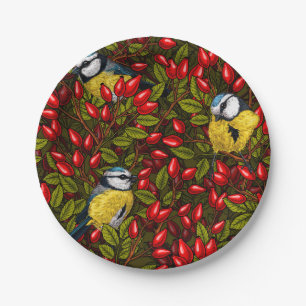 Assiettes En Carton Oiseaux et hanches roses de chien, vert et rouge