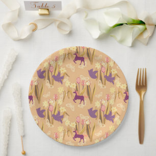 Assiettes En Carton Oiseaux et licornes sur la prairie printanière