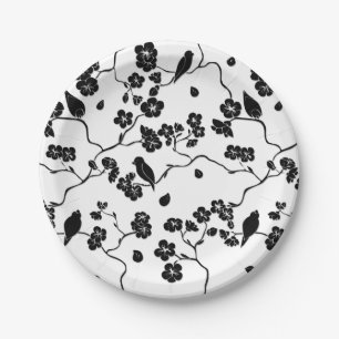 Assiettes En Carton Oiseaux Motifs noirs et blancs sur les fleurs de c