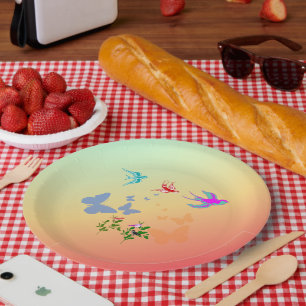 Assiettes En Carton Oiseaux Papillons Fleurs dans la nature