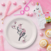 Assiettes En Carton Oiseaux roses et noirs sur une branche d'arbre (Fête)