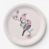 Assiettes En Carton Oiseaux roses et noirs sur une branche d'arbre (Devant)