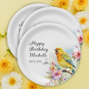 Assiettes En Carton Oiseaux vintages Canaries Fleurs Joyeux anniversai