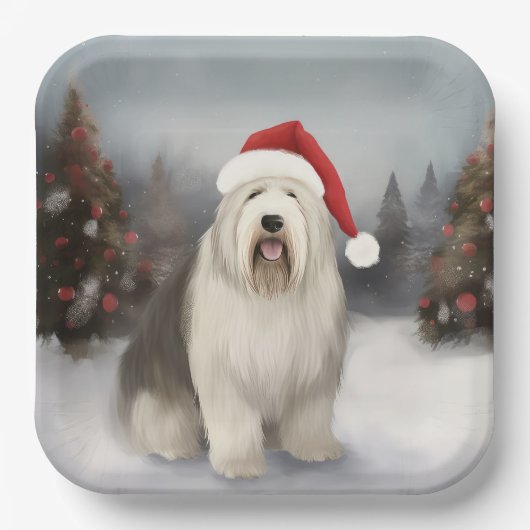 Assiettes En Carton Old English Sheepdog en Noël de neige (Recto)