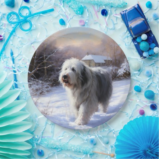Assiettes En Carton Old English Sheepdog Laisser neiger Noël (Fête)