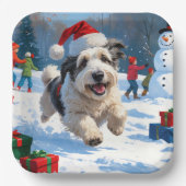 Assiettes En Carton Old English Sheepdog Running in Snow Christmas Cas (Recto)