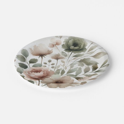 Assiettes En Carton Olive et Mariage floral rose pâle (Angle)