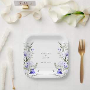Assiettes En Carton Ombre Royal Blue Ivory Floral Mariage