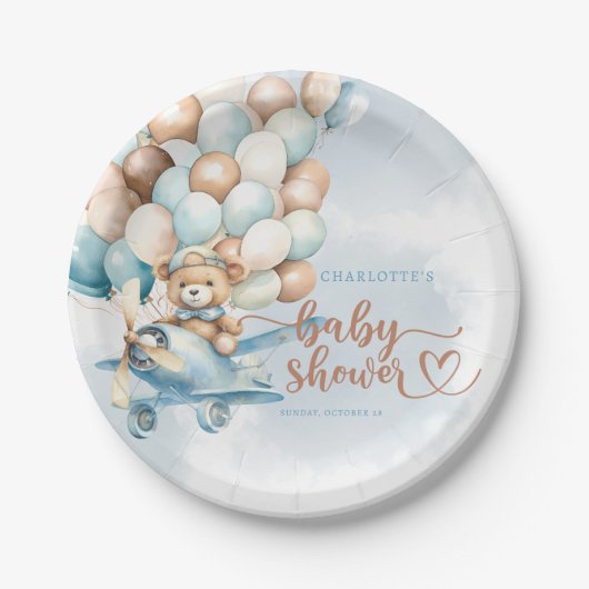 Assiettes En Carton On Peut Attendre ! Baby shower Bleu Teddy Bear (Devant)
