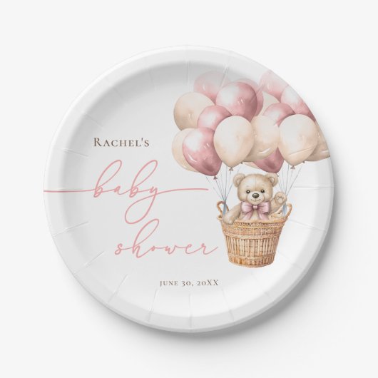 Assiettes En Carton On Peut Attendre | Bear Balloon Baby shower rose (Devant)