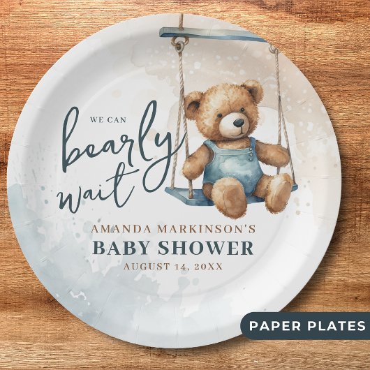 Assiettes En Carton On peut attendre Denim Teddy Bear Baby shower