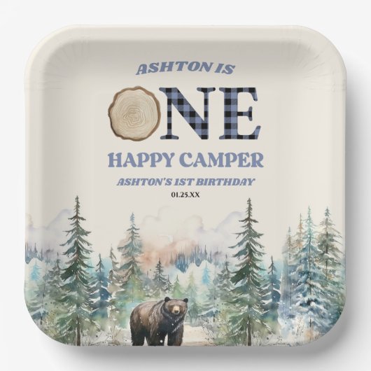 Assiettes En Carton ONE Happy Camper Bear Bleu 1er anniversaire fête (Recto)