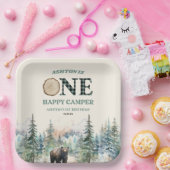 Assiettes En Carton ONE Happy Camper Green Bear 1er anniversaire fête (Fête)