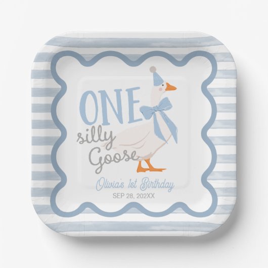 Assiettes En Carton One Silly Goose Blue Bow 1st Birthday (Recto)