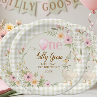 Assiettes En Carton One Silly Goose Gingham Pink Flora Birthday Party 