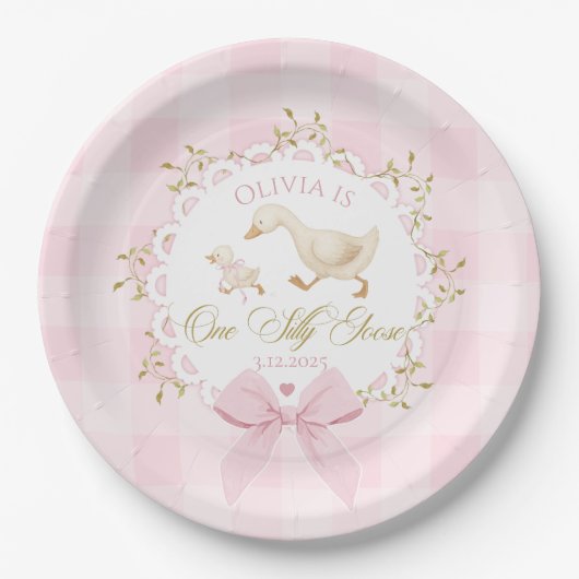 Assiettes En Carton One Silly Goose Pink Gingham 1st Birthday Bow (Devant)