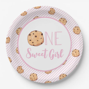 Assiettes En Carton One Sweet Girl cookies et Pink stripes Anniversair