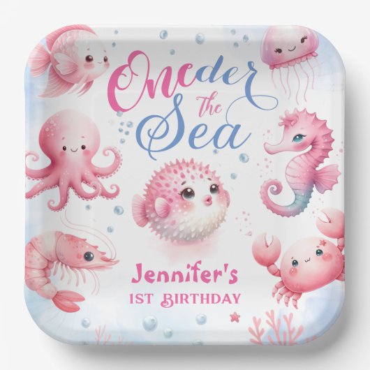 Assiettes En Carton ONEder La Mer 1er Anniversaire Filles rose mignonn (Recto)