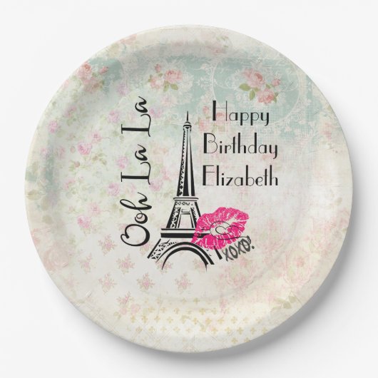 Assiettes En Carton Ooh La Paris Tour Eiffel Joyeux anniversaire (Devant)