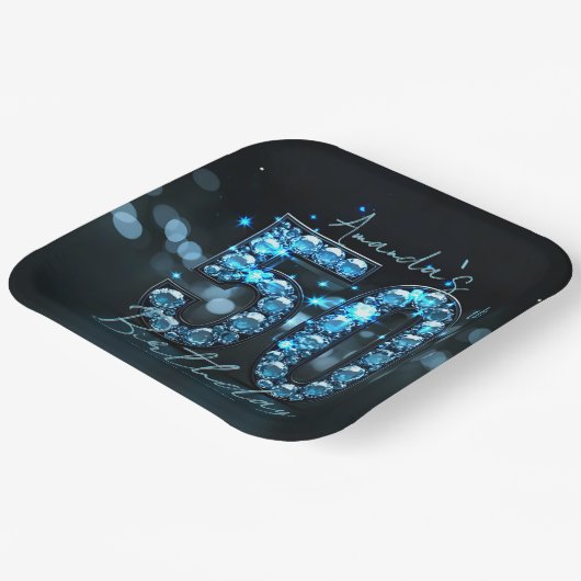 Assiettes En Carton Opulent Elegant Teal Blue Diamonds 50th Birthday (Angulaire)