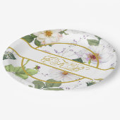 Assiettes En Carton Or Blanc Floral Élégant Monogramme moderne (Angle)