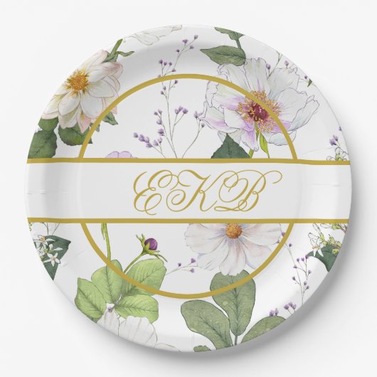 Assiettes En Carton Or Blanc Floral Élégant Monogramme moderne