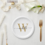Assiettes En Carton Or Blanc Moderne Écriture Personnalisée Monogramme<br><div class="desc">Assiettes en papier personnalisées élégantes, modernes et féminines avec monogramme en or et blanc. Ce design présentant votre prénom dans une jolie typographie manuscrite avec un monogramme initial en or et noir sur fond blanc. Celles-ci sont faciles à personnaliser. Idéal pour une pendaison de crémaillère, ainsi que pour un anniversaire,...</div>