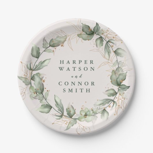 Assiettes En Carton Or Botanique Eucalyptus Élégant Verdure Moss (Devant)