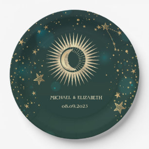 Assiettes En Carton Or Céleste Soleil Et Lune Étoiles Vert