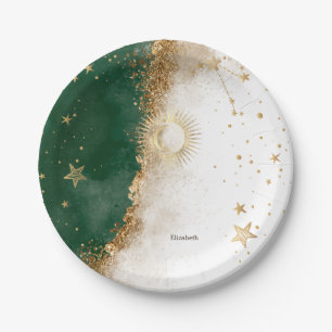 Assiettes En Carton Or céleste Soleil Et Lune Étoiles Vert