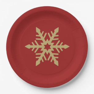 Assiettes En Carton Or de conception de flocon de neige sur le rouge