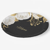 Assiettes En Carton or de fleur blanche feuilles noir (Angle)