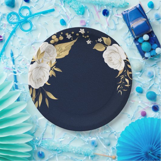 Assiettes En Carton or de fleur blanche marine feuille bleu (Fête)