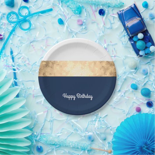 Assiettes En Carton or élégant de faux, bleu marine, rayures blanches (Fête)