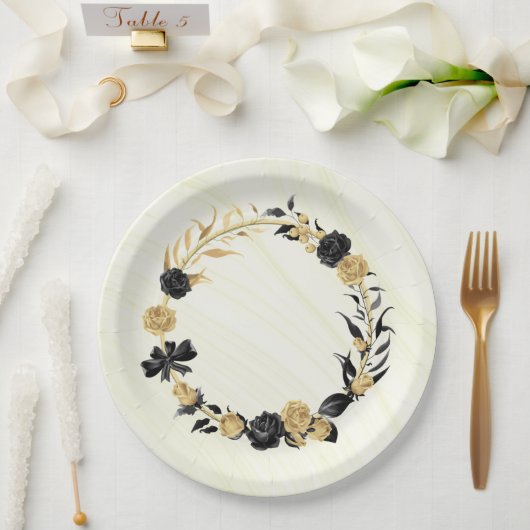 Assiettes En Carton or élégant et floral noir (Mariage)